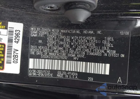 2009 Toyota Sienna Le из США, поврежденный, VIN 5TDZK23C59S278292